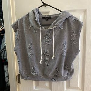 Distressed Short Sleeved Cropped Hoodie